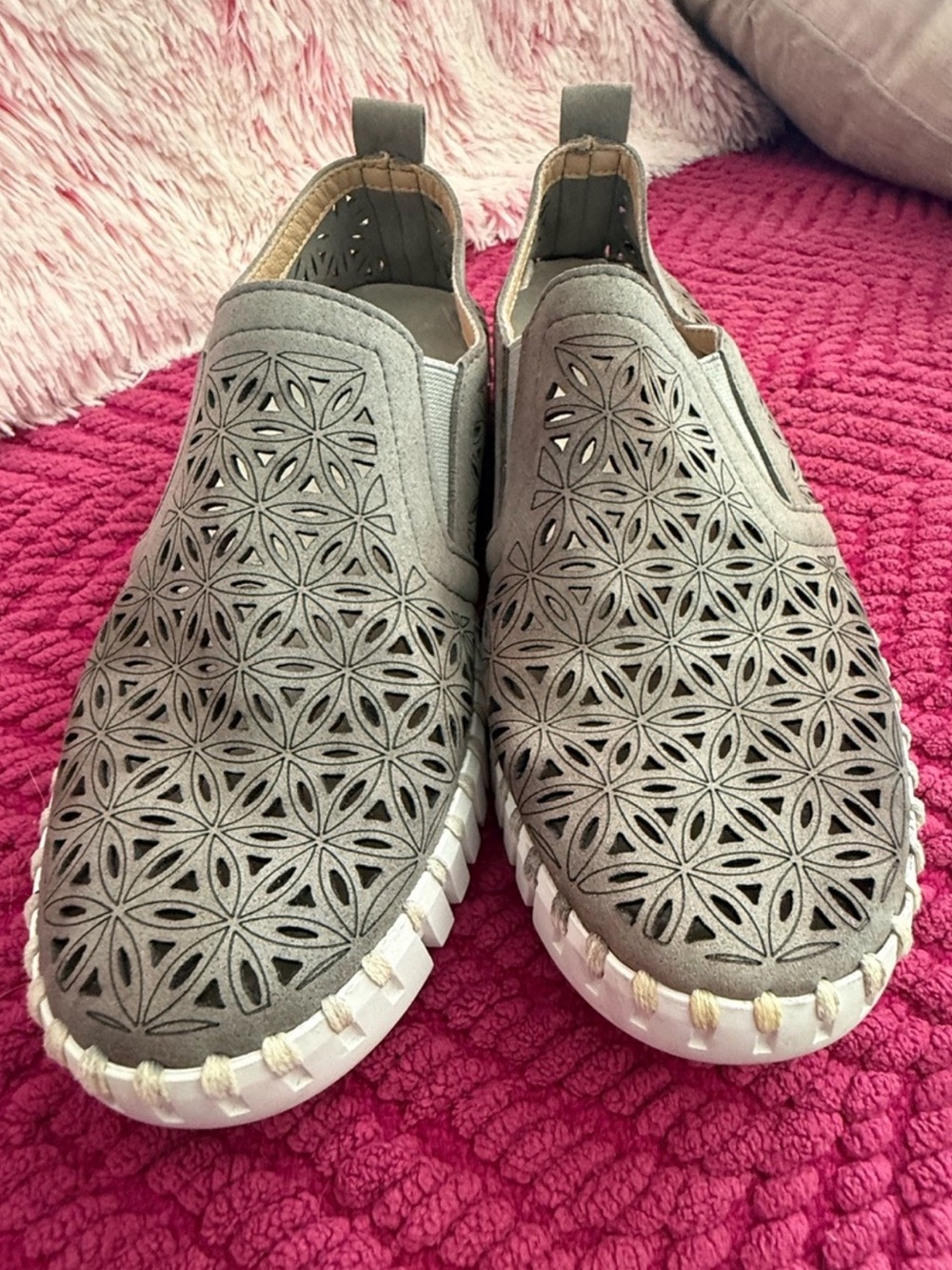 Lise Jacobsen "Tulip Floral" Laser-Cut Slip-On Athletic Shoe - Light Gray S7